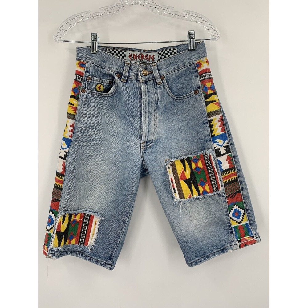 Vtg ENERGIE WICKY HASSAN Denim Jean Shorts Slim Sz 26 Waist Patchwork Mexican